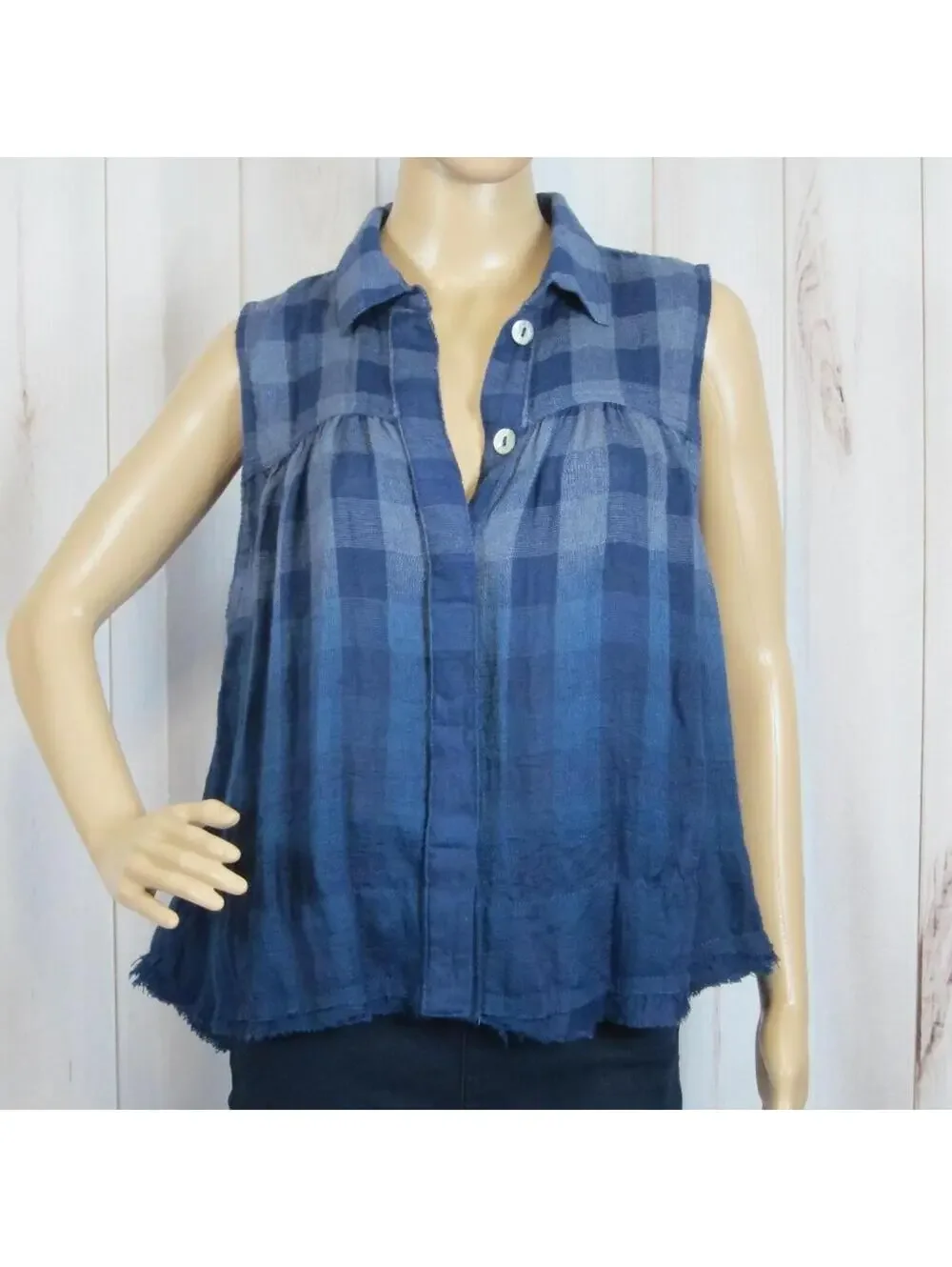 NWT Free People Blue Plaid Tank Top Small Ombre Gingham Sleeveless Button Blouse